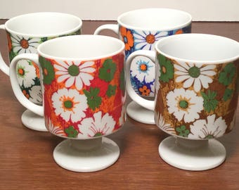 Set of 4 Mid Century Modern Stacking Flower Mugs Made in Japan Marked 600/13 Retro Kitchen Decor