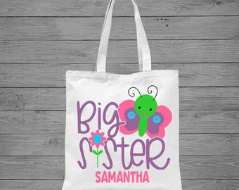 Big Sister Butterfly Personalized Tote Bag | Big Sister Gift | Sibling Gift | Girls Butterfly Bag | Sibling Announcement Gift | Canvas Tote