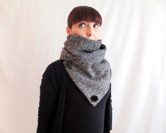 Cowl neck scarf herringbone scarf black scarf unisex scarf