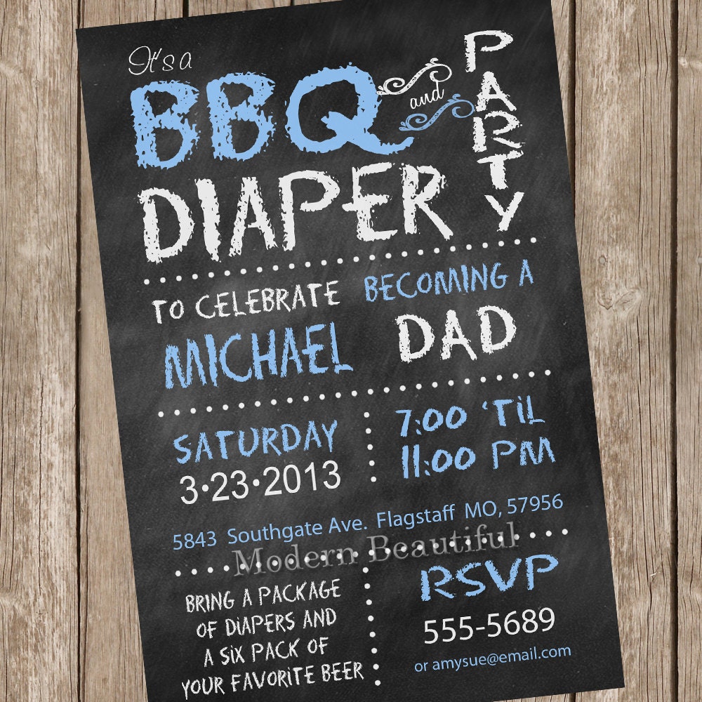 Chalkboard BBQ and diaper baby shower invitation blue dad