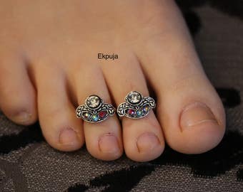 Tibetan silver/Rhinestones/Handmade Toe Ring/ Indian Toe rings/ Diamonte Toe Ring set/ PAIR