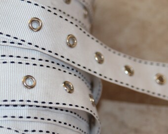 2 yards White grosgrain ribbon black side stitching silver eyelet grommet trim tape sewing for Corsets Bustiers Lacing costumes DIY