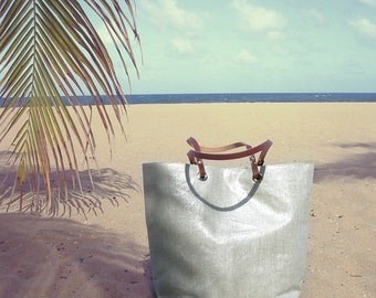 Beach Bag, Metallic Silver Linen Bag, Tote Bag, Casual Summer Handbag