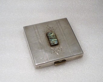 Vintage Sterling Silver Compact / Abalone Gemstone Centerpiece / Mirror & Face Powder Section / Signed Sterling / Collectible / Gift Item
