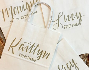Set of 5 Personalized Gift Bags, Gold, White, Hand-lettered, Custom, Bridesmaid Gift, Bridal Party, Christmas