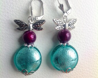 Earrings turquoise and purple Murano glass beads