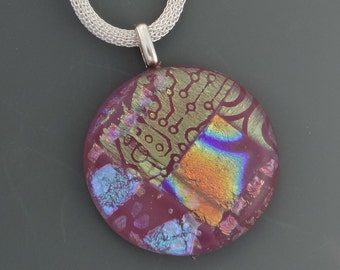 Round Fused Glass Pendant, Dichroic Fused Glass Pendant, Pink Glass Pendant, Pink Glass Necklace - Patterns on Pink