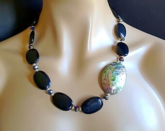 Black Onyx and Abalone Shell Asymmetrical Statement Necklace Gift for Her