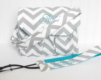 Personalized Chevron DSLR Camera Bag Gray with Turquoise with Camera Strap Digital Canon Rebel T3i EOS 55mm or Design Your Own
