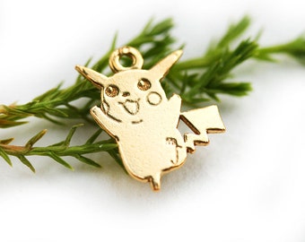 Golden Pikachu Pokemon charm, 24K Gold plated over Sterling silver 925, Pokemon game, Pikachu pendant, 13mm - 1pc - F500