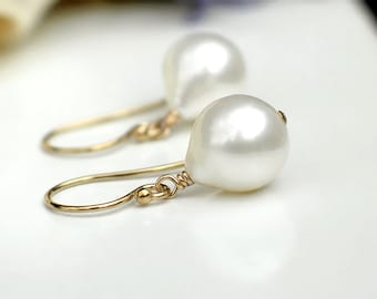 Baroque Bulb Drop Pearl Earrings | White Freshwater Pearls | 14k Gold Fill Dangles | Birthday Gift | Simple Everyday Pearl | Ready to Ship