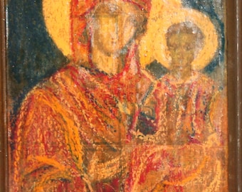 Virgin Mary And Christ Child Vintage Hand Painted Orthodox Icon