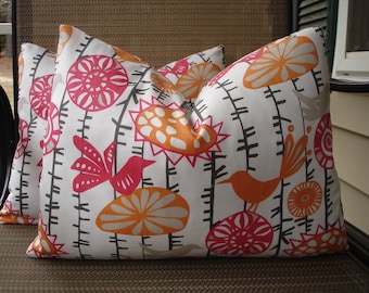 Bird Lumbar Pillow Covers One Pair 12 x 16 Handmade Home Decor Pink Orange Pillows Kidney Pillows Accent Pillows Colorful Pillows Throw
