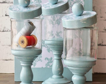 Apothecary jars set pedestal glass damask black and