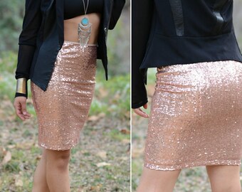 Blush Pencil Sequin Skirt - Stretchy, beautiful knee length skirt (S,M,L,XL) Ships asap!