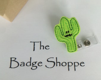 Cactus with Mustache Made of Felt on a Retractable ID Badge Holder/Nurses Week/Nursing Gifts/Cactus Badge/Funny Nursing Badge Reels/RN Badge
