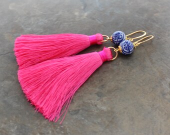 Chinoiserie Earrings - Silk Tassel Earrings - Pink Tassel Earrings - Tassle Earrings - Long Tassel Earrings - Statement Earrings - Boho