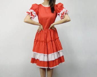 Square Dance Dress Womens Prairie Country Vintage Red Dress Full Circle Skirt - Large L