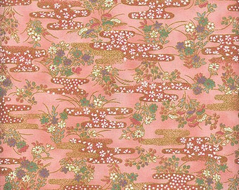 Stylized Clouds & Blossoms - Peach/Gold Metallic Asian Japanese Quilt Gate "Chiyogami" Fabric - By the Half Yard