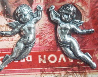 Angel Brass Stampings, Left and Right, Sterling Silver Finish, Silver angels for jewelry Making, Scrapbooking, Crafting
