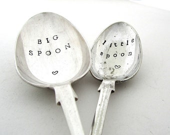 Lovers Spoons, Sweetheart Gift, Big Spoon Little Spoon, Handstamped Vintage Fiddle Pattern Cutlery