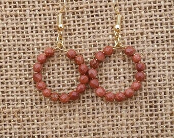Red Goldstone Beaded Hoop Earrings