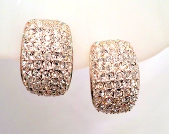 Signed ROMAN Pave Clear Crystal Rhinestone Earrings Signed Clip On Gold Tone