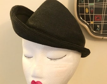 Vintage 1930s 1940s Black Straw Tilt Hat