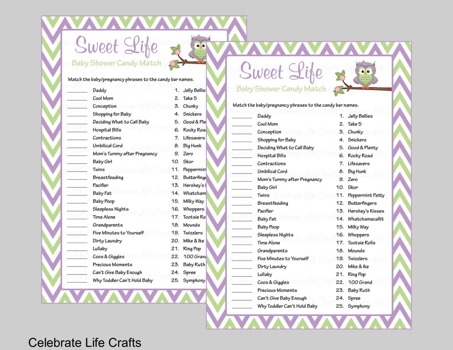 Baby Shower Sweet Life Candy Bar Match Game with Answer Key