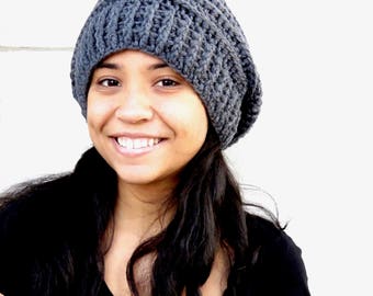 Crochet Slouchy Hat, Tam, Gray Hat, Ribbed, Beehive Hat, Women, Men, Teen, Tam, Color Charcoal,