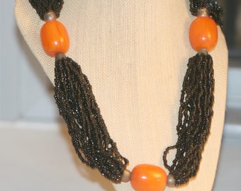 Vintage Amber Bead and Black Glass Bead Multi Strand Torsade Sterling Necklace, Chunky Statement Necklace