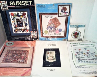 Lot of 6 Assorted Cross Stitch Kits: Love My Cat, From the Heart, Way to Go Sport, Beauty of Nature Banner, Heaven Smiles in Flowers