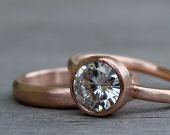 Moissanite Engagement Ring and Wedding Band - Forever One G-H-I, Recycled 14k Rose Gold, Made to Order - Eco-Friendly Diamond Alternative