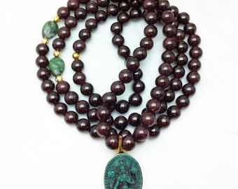 Green Tara Mala - Garnet Mala Beads- Buddhist Prayer Beads, 108 Mala Beads - Healing and Self Worth