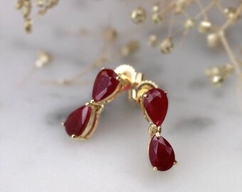 Natural Ruby Teardrop Chandelier Earrings | Solid 14K Gold | Prong Setting |Fine Jewelry | Free Shipping