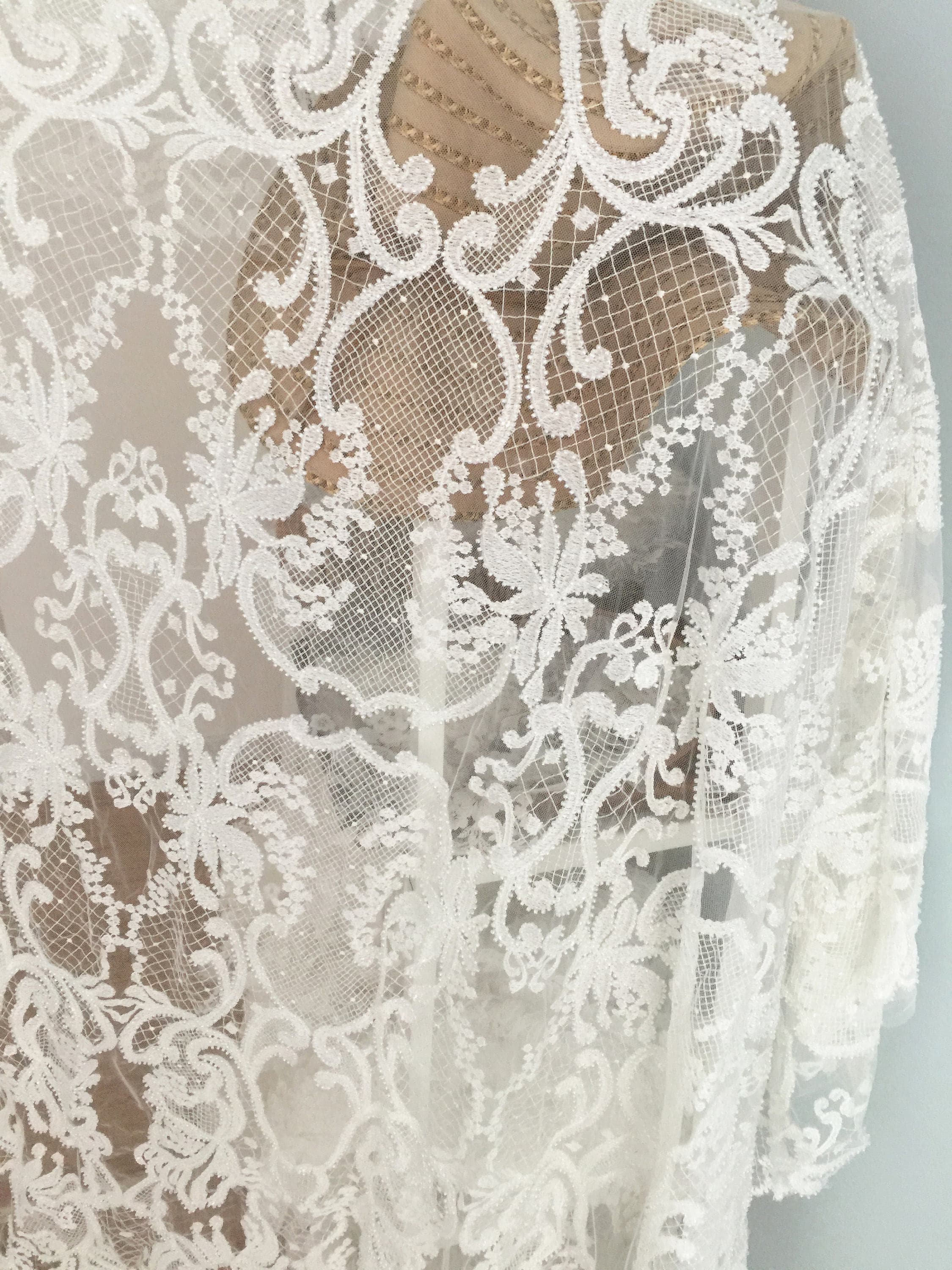 luxury beaded bridal lace fabric in ivory tulle vintage