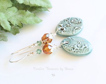 Sterling Silver Earrings, Porcelain Discs, Swarovski Crystals, Green Earrings, Boho Earrings, Mother's Day Gift, Gift For Her, Rustic Design