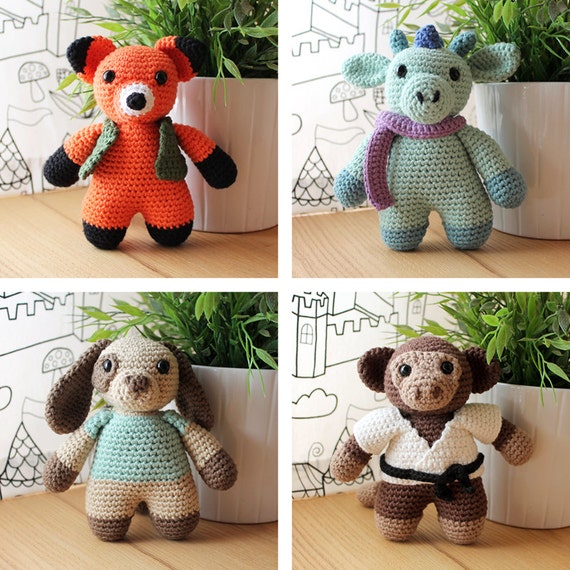 Animals: Fox, Dragon, Dog & Monkey. Amigurumi Pattern PDF.