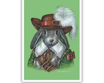 Rabbit Art Print - The Musketeer - Lovely Pet Rabbit Wall Art - Pets in Green Art - Whimsical Animal Portraits by Maria Pishvanova