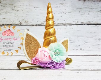 Unicorn headband, pastel colors and gold unicorn headband, unicorn party headband, gold glitter elastic unicorn headband