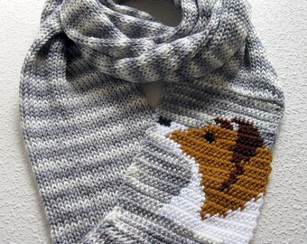 Collie Dog Infinity Scarf. Knitted scarf with collie or Shetland sheepdog. Knit Sheltie dog. Knit dog scarf. Grey striped crochet scarves