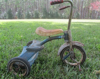 Vintage Tricycle, Photo Prop, Metal Trike, 1960s, Ape Hanger Handle Bars, Blue Tricycle, Metal Seat