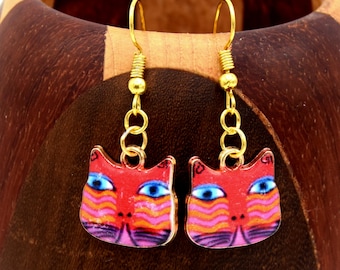 Earrings Golden red tabby cat, gold and Red Cat Head clips