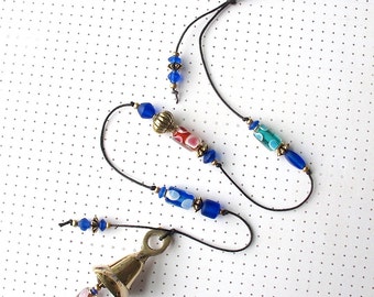 SALE! Beaded Wind Chime. Garden Chime. Brass Bell. Colorful Glass Beads. Boho Decor. Cobalt Blue. Ruby Red. Aqua. Purple. Polka Dots. Gold