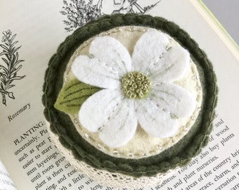 Dogwood Flower Pincushion Embroidered Wool Felt Pin Cushion Pin Keep