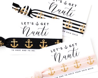 Let's Get NAUTI Bachelorette Favors, Nautical Bachelorette Hair Tie Favor, Black White + Gold Anchor Hair Ties, Bachelorette Weekend Getaway