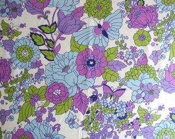 Vintage 60s Butterfly Flower Novelty Fabric Cotton Sateen Waverly Lime Green Radiant Orchid Floral Print Mid Century Dress Maker CBF
