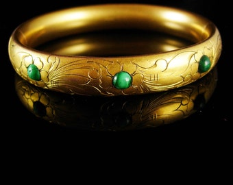 Antique Victorian Bracelet Vintage hinged bangle Malachite signed vintage gold Fancy etchings