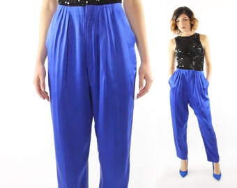 Vintage 80s High Waisted Silk Pants Bright Blue Pleated Trousers Tapered Legs 1980s Dana Buchman Medium M