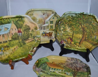 Currier and Ives / metal trays / 4 scenes / winter / spring / summer / fall / metal trays / vintage trays / vintage metal trays / green